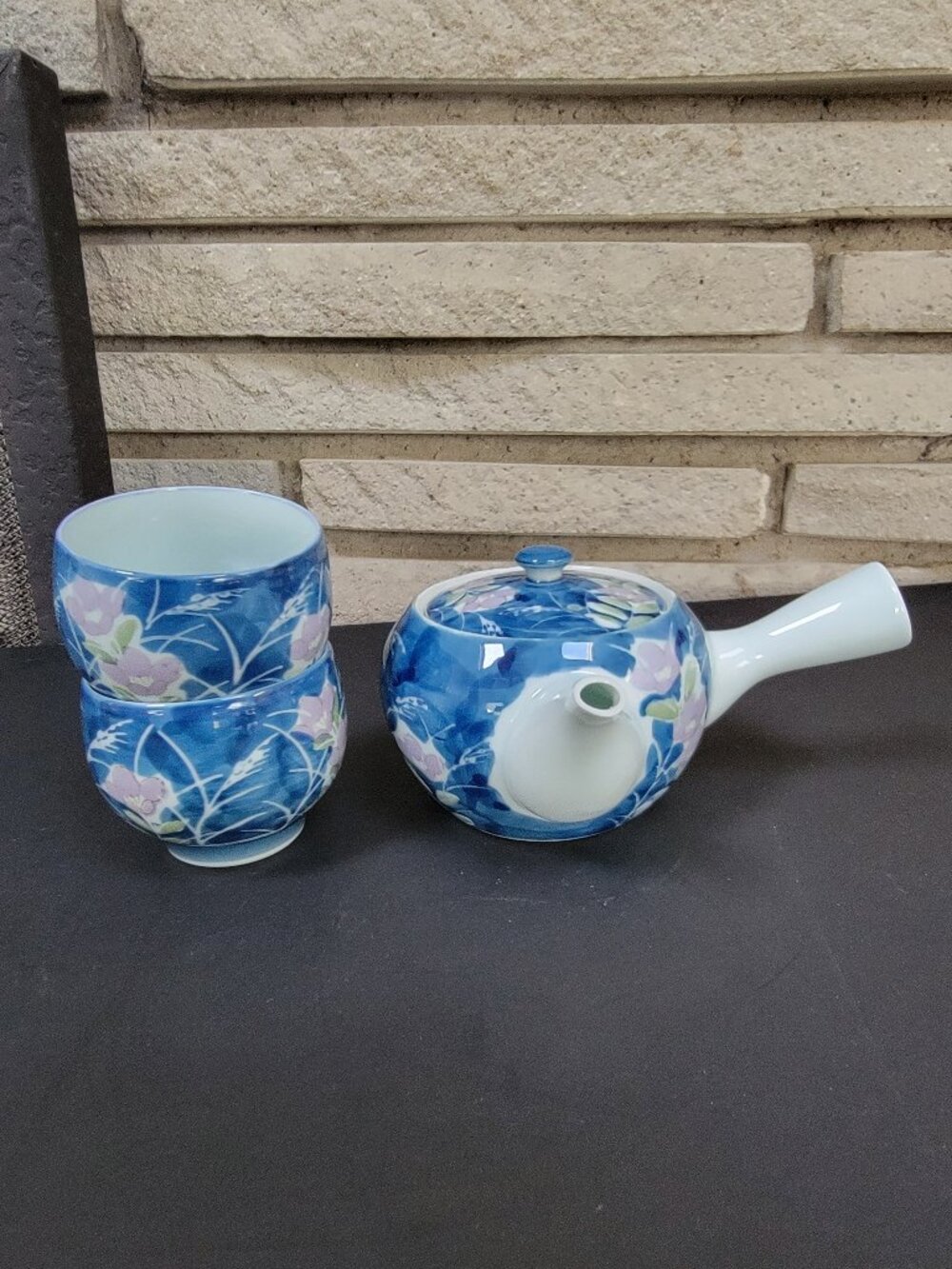 Japanese Kyusu Teapot & 2 cups Blue Floral Porcelain hand painted Side Handle